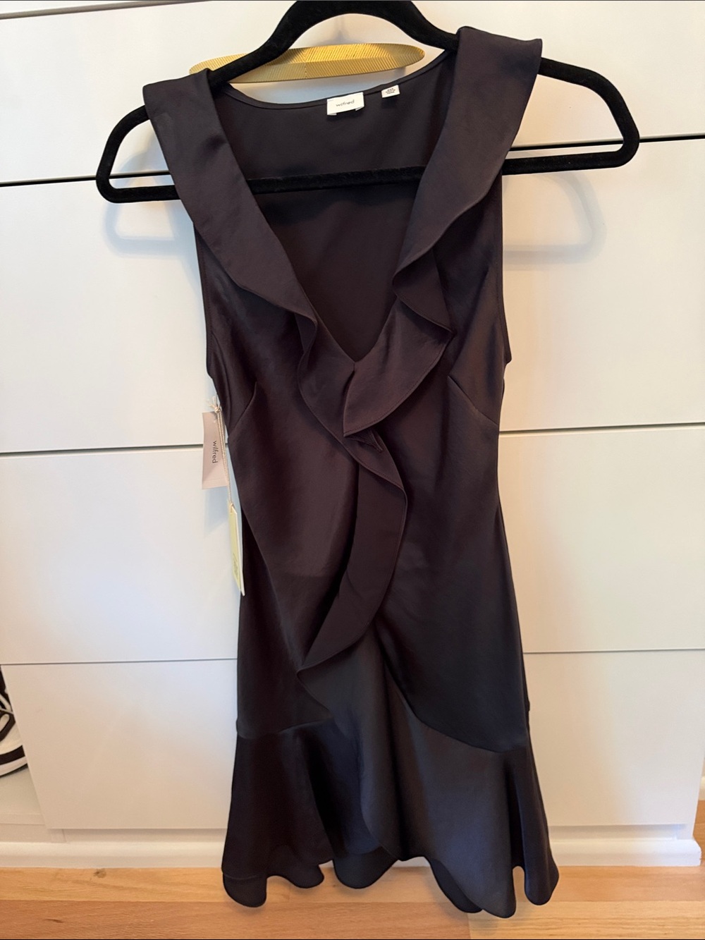 Aritzia Sleeveless Ruffle V-Neck Mini Dress in Dark Navy